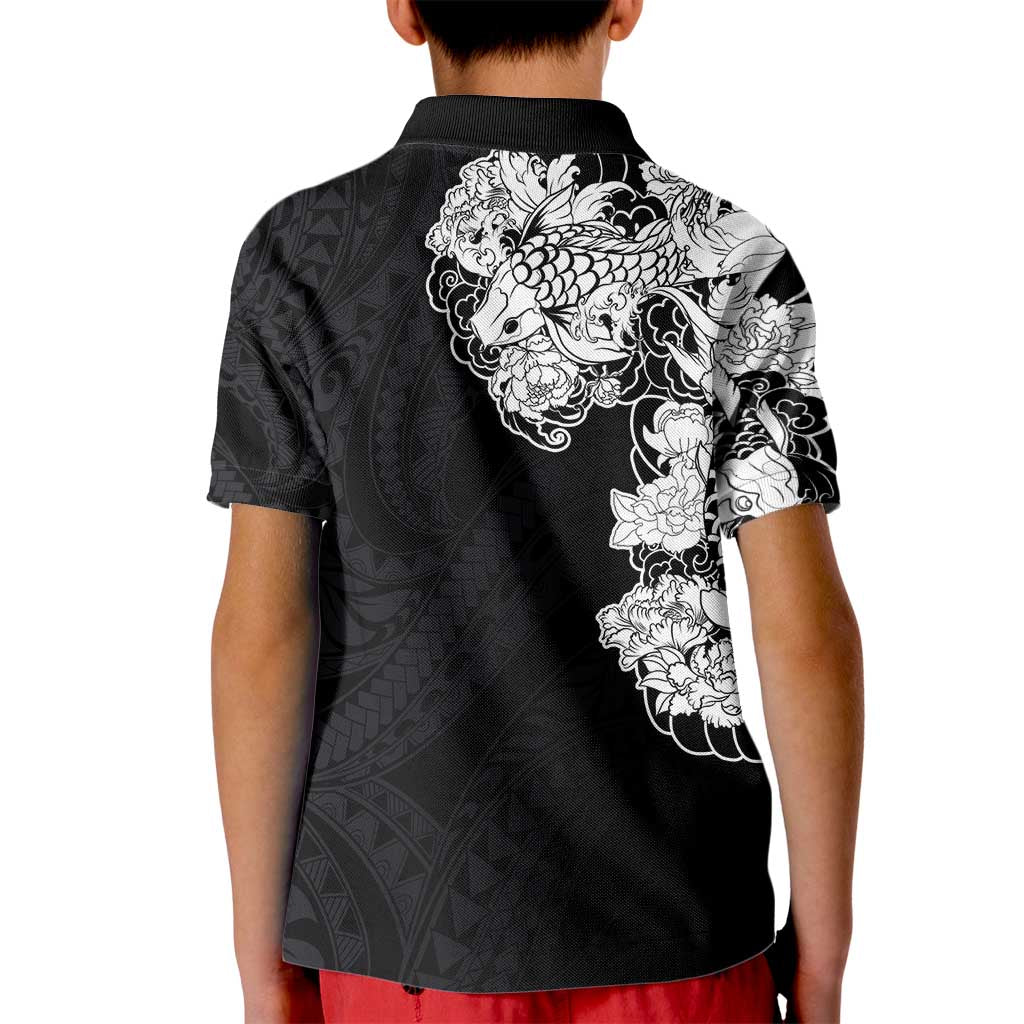 Hawaiian and Japanese Together Kid Polo Shirt Japanese Koi Fish Tattoo and Kakau Pattern Black Color LT03 - Polynesian Pride