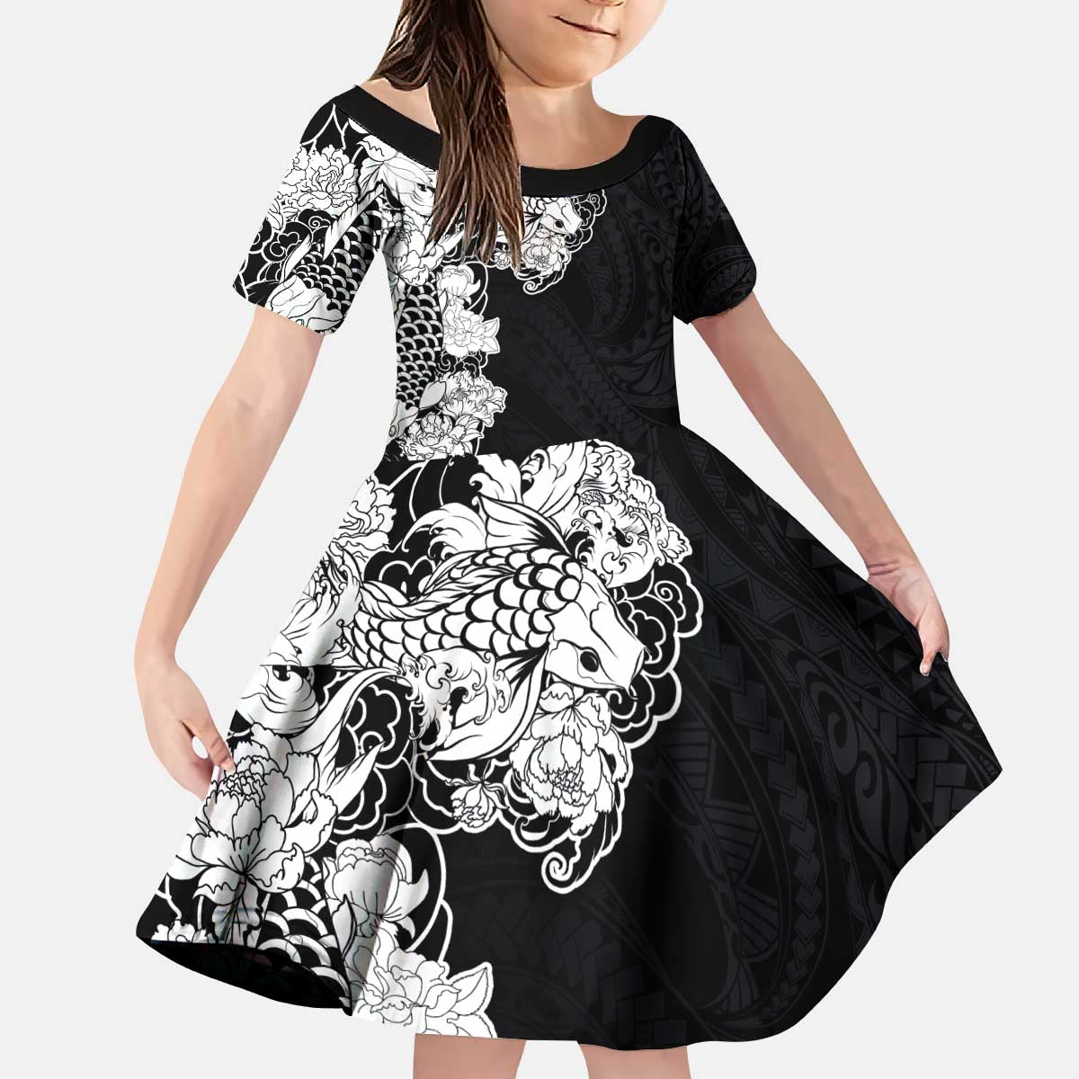Hawaiian and Japanese Together Kid Short Sleeve Dress Japanese Koi Fish Tattoo and Kakau Pattern Black Color LT03 KID Black - Polynesian Pride