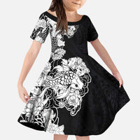 Hawaiian and Japanese Together Kid Short Sleeve Dress Japanese Koi Fish Tattoo and Kakau Pattern Black Color LT03 KID Black - Polynesian Pride