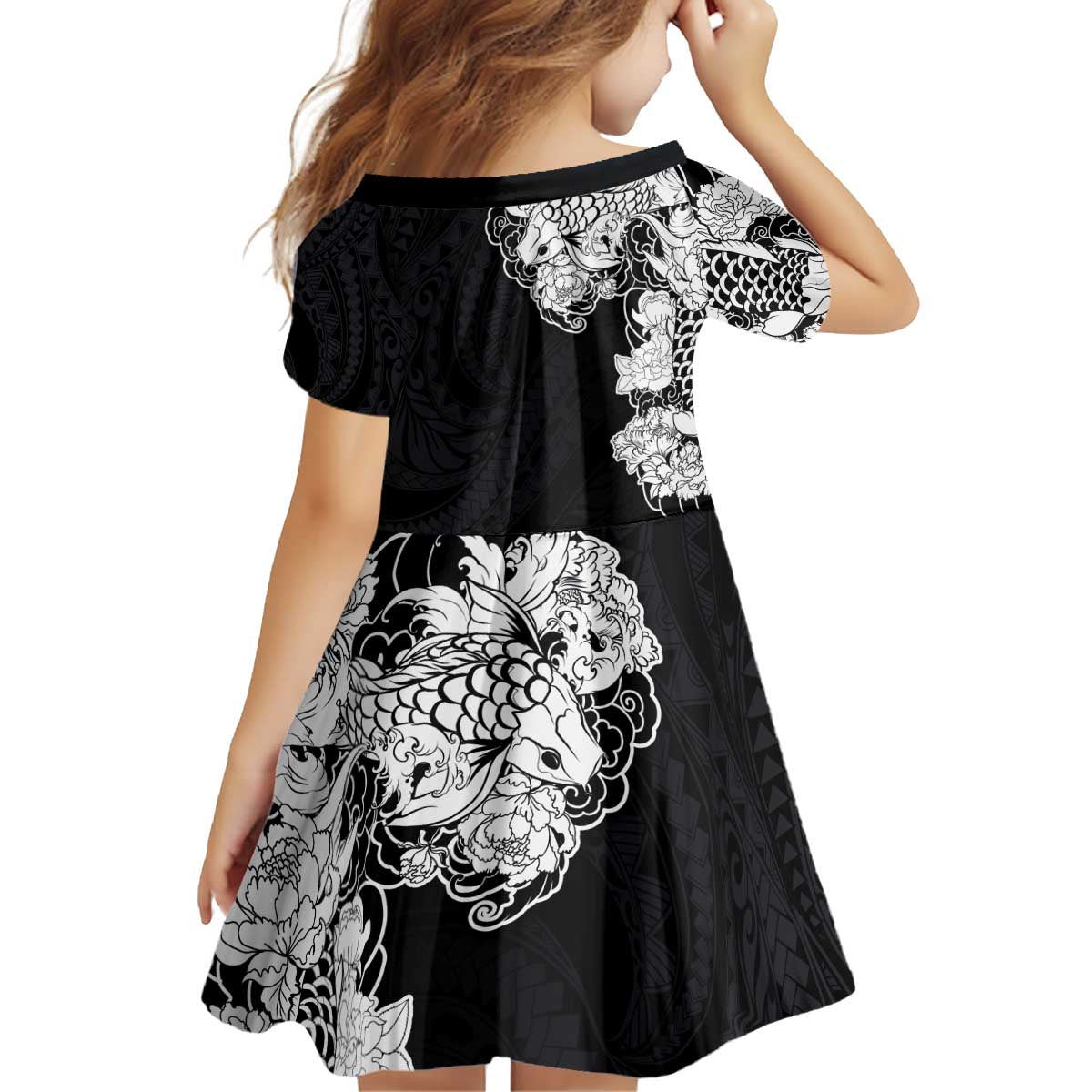 Hawaiian and Japanese Together Kid Short Sleeve Dress Japanese Koi Fish Tattoo and Kakau Pattern Black Color LT03 - Polynesian Pride