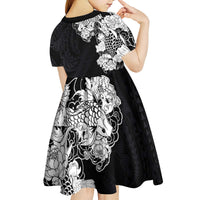 Hawaiian and Japanese Together Kid Short Sleeve Dress Japanese Koi Fish Tattoo and Kakau Pattern Black Color LT03 - Polynesian Pride