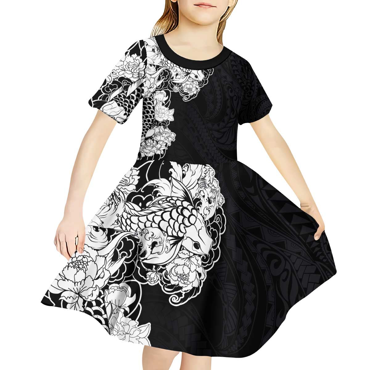 Hawaiian and Japanese Together Kid Short Sleeve Dress Japanese Koi Fish Tattoo and Kakau Pattern Black Color LT03 - Polynesian Pride