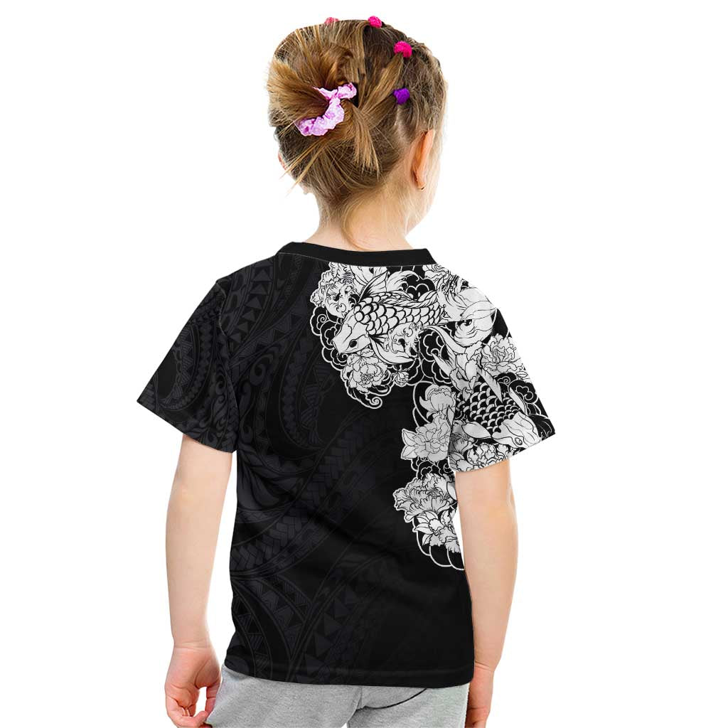 Hawaiian and Japanese Together Kid T Shirt Japanese Koi Fish Tattoo and Kakau Pattern Black Color LT03 - Polynesian Pride