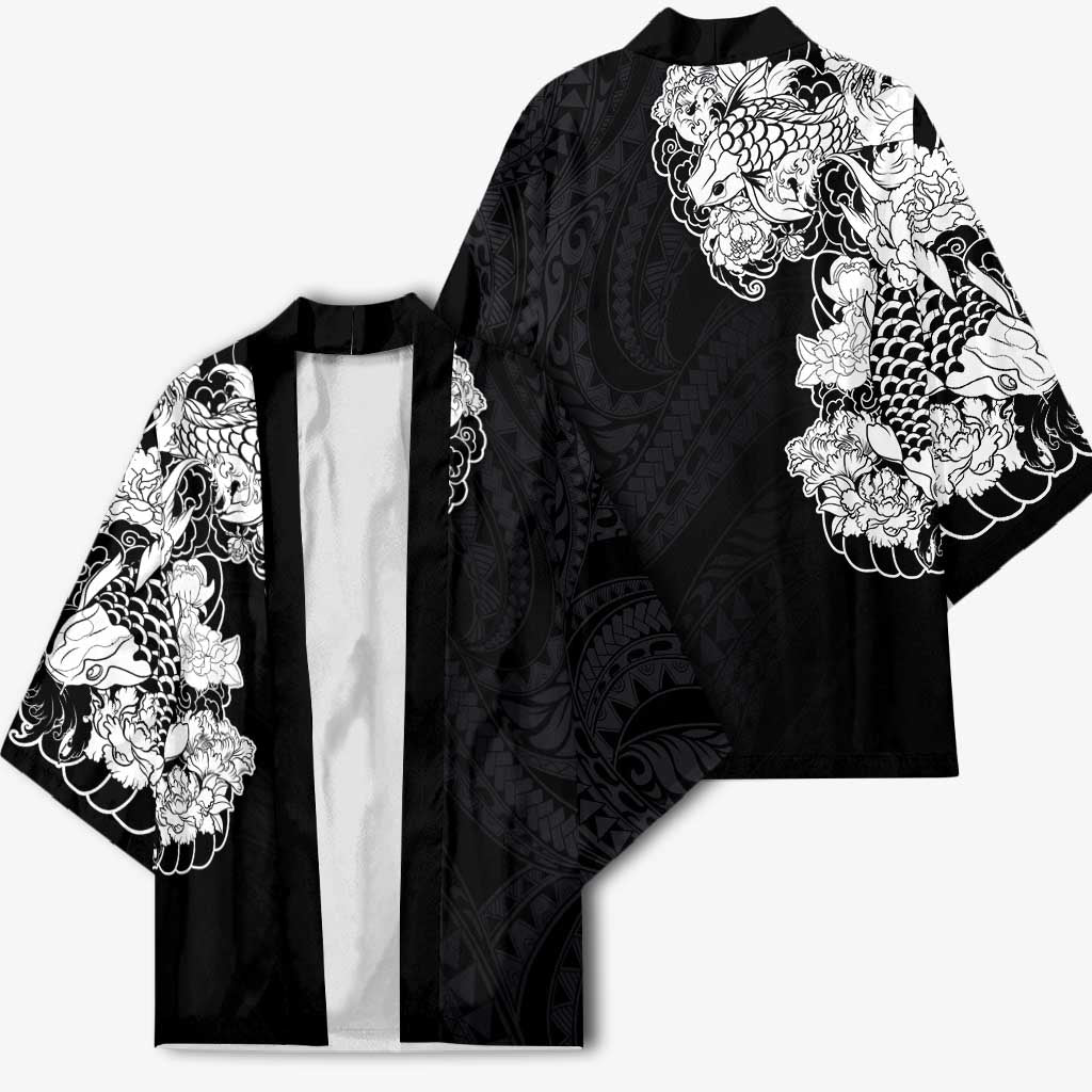 Hawaiian and Japanese Together Kimono Japanese Koi Fish Tattoo and Kakau Pattern Black Color - Polynesian Pride