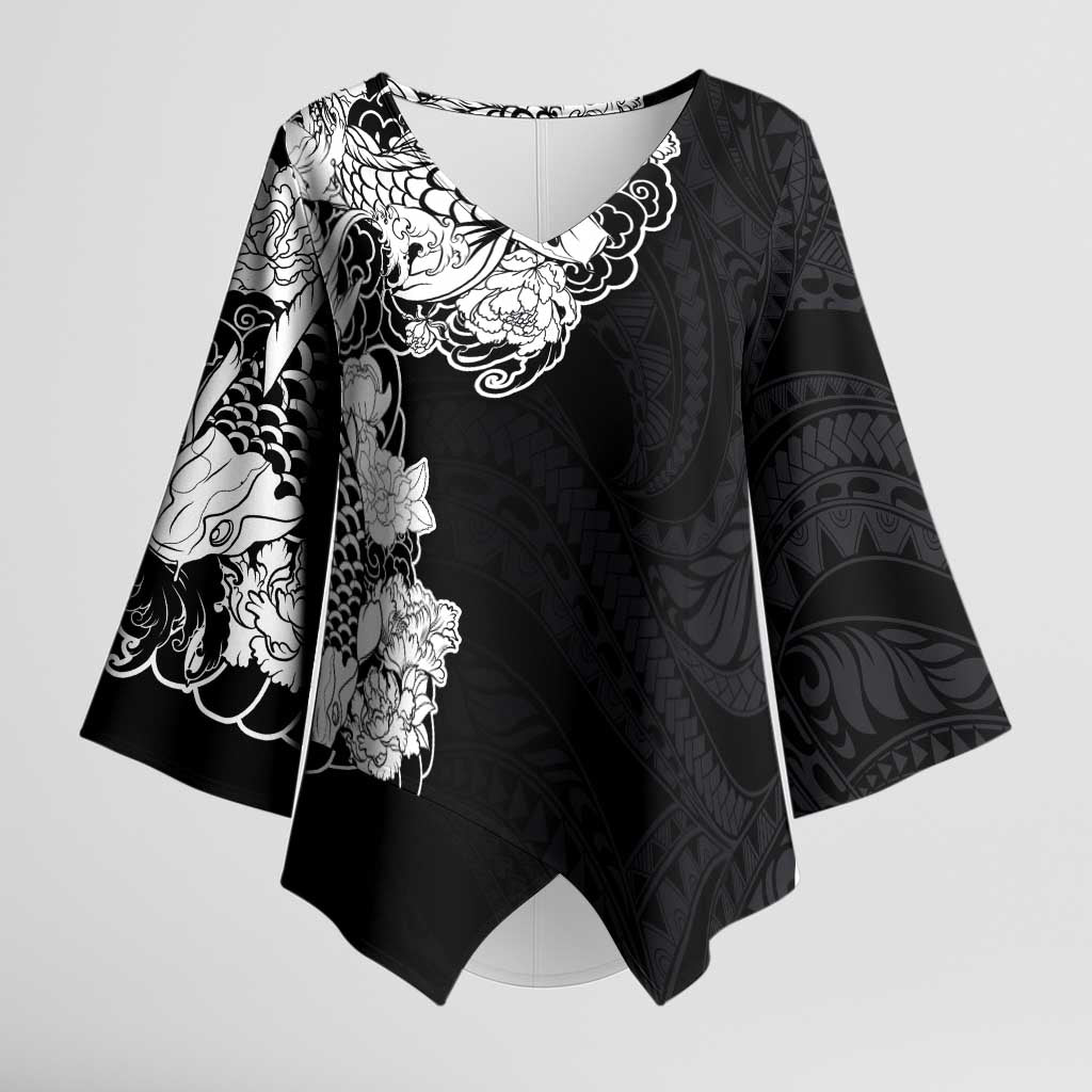 Hawaiian and Japanese Together Kimono Sleeve Blouse Japanese Koi Fish Tattoo and Kakau Pattern Black Color LT03 Female Black - Polynesian Pride