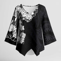 Hawaiian and Japanese Together Kimono Sleeve Blouse Japanese Koi Fish Tattoo and Kakau Pattern Black Color LT03 Female Black - Polynesian Pride