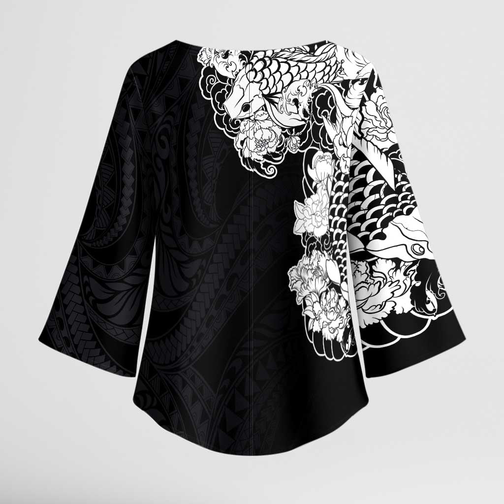 Hawaiian and Japanese Together Kimono Sleeve Blouse Japanese Koi Fish Tattoo and Kakau Pattern Black Color LT03 - Polynesian Pride