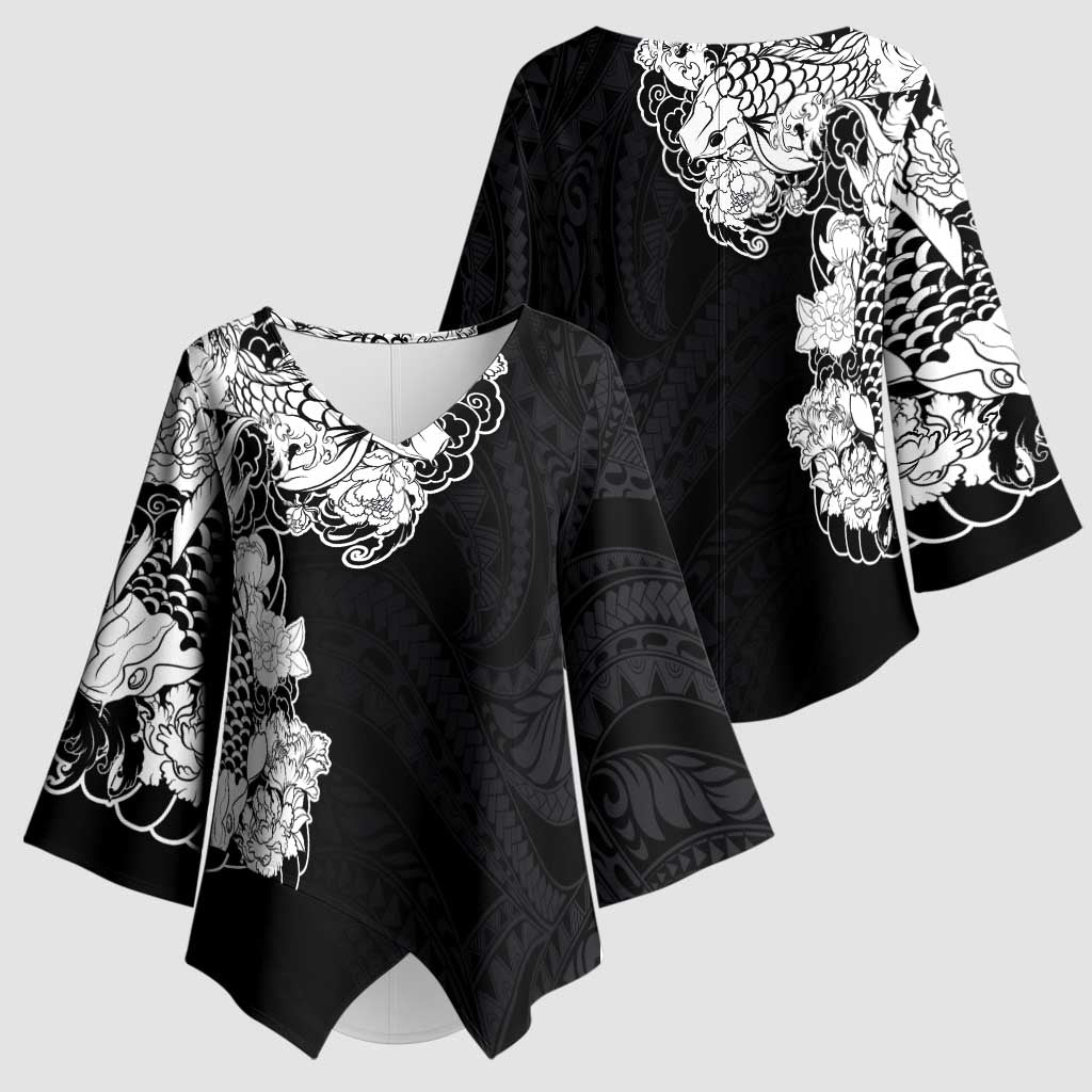 Hawaiian and Japanese Together Kimono Sleeve Blouse Japanese Koi Fish Tattoo and Kakau Pattern Black Color LT03 - Polynesian Pride