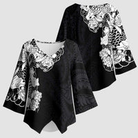 Hawaiian and Japanese Together Kimono Sleeve Blouse Japanese Koi Fish Tattoo and Kakau Pattern Black Color LT03 - Polynesian Pride