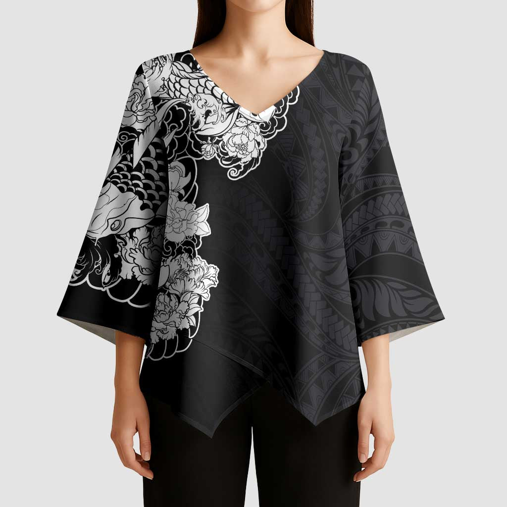 Hawaiian and Japanese Together Kimono Sleeve Blouse Japanese Koi Fish Tattoo and Kakau Pattern Black Color LT03 - Polynesian Pride