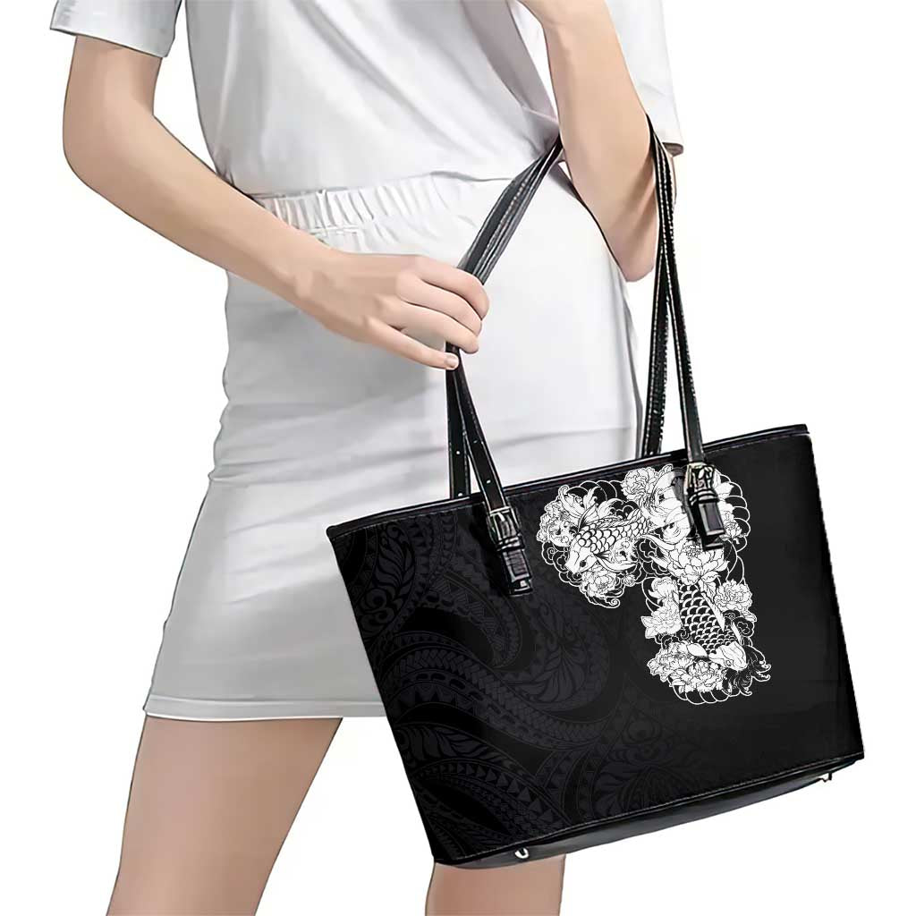 Hawaiian and Japanese Together Leather Tote Bag Japanese Koi Fish Tattoo and Kakau Pattern Black Color LT03 - Polynesian Pride