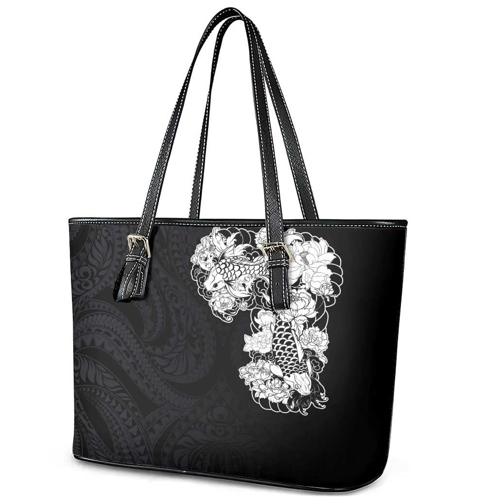 Hawaiian and Japanese Together Leather Tote Bag Japanese Koi Fish Tattoo and Kakau Pattern Black Color LT03 - Polynesian Pride