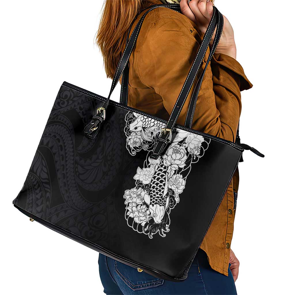 Hawaiian and Japanese Together Leather Tote Bag Japanese Koi Fish Tattoo and Kakau Pattern Black Color LT03 - Polynesian Pride