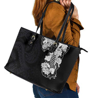 Hawaiian and Japanese Together Leather Tote Bag Japanese Koi Fish Tattoo and Kakau Pattern Black Color LT03 - Polynesian Pride
