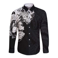 Hawaiian and Japanese Together Long Sleeve Button Shirt Japanese Koi Fish Tattoo and Kakau Pattern Black Color LT03 Unisex Black - Polynesian Pride