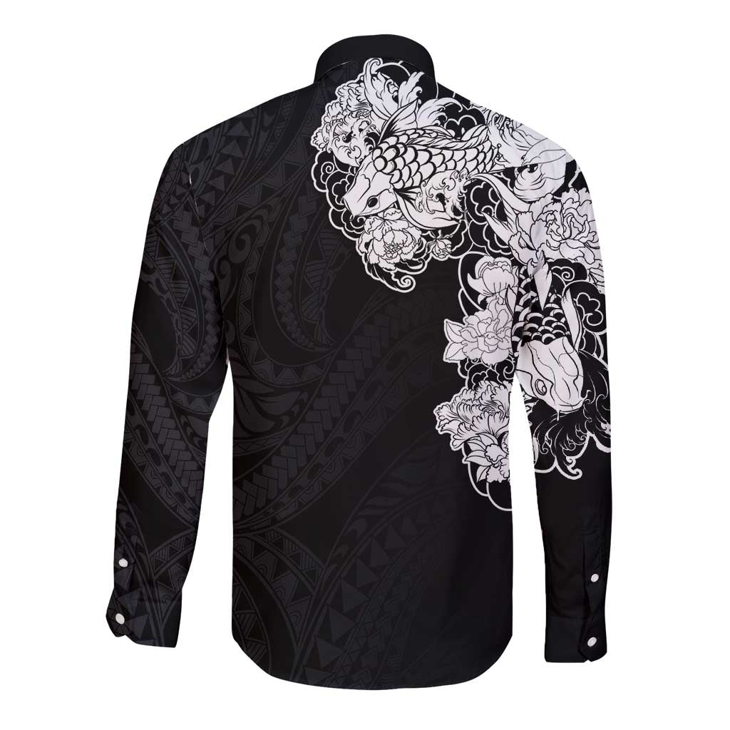 Hawaiian and Japanese Together Long Sleeve Button Shirt Japanese Koi Fish Tattoo and Kakau Pattern Black Color LT03 - Polynesian Pride