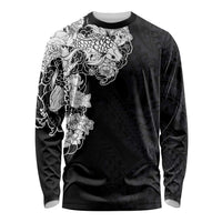 Hawaiian and Japanese Together Long Sleeve Shirt Japanese Koi Fish Tattoo and Kakau Pattern Black Color LT03 Unisex Black - Polynesian Pride