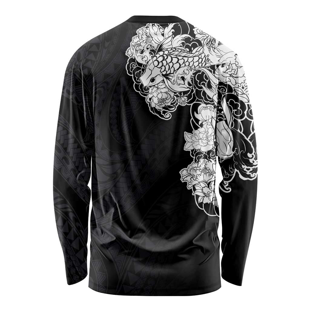 Hawaiian and Japanese Together Long Sleeve Shirt Japanese Koi Fish Tattoo and Kakau Pattern Black Color LT03 - Polynesian Pride