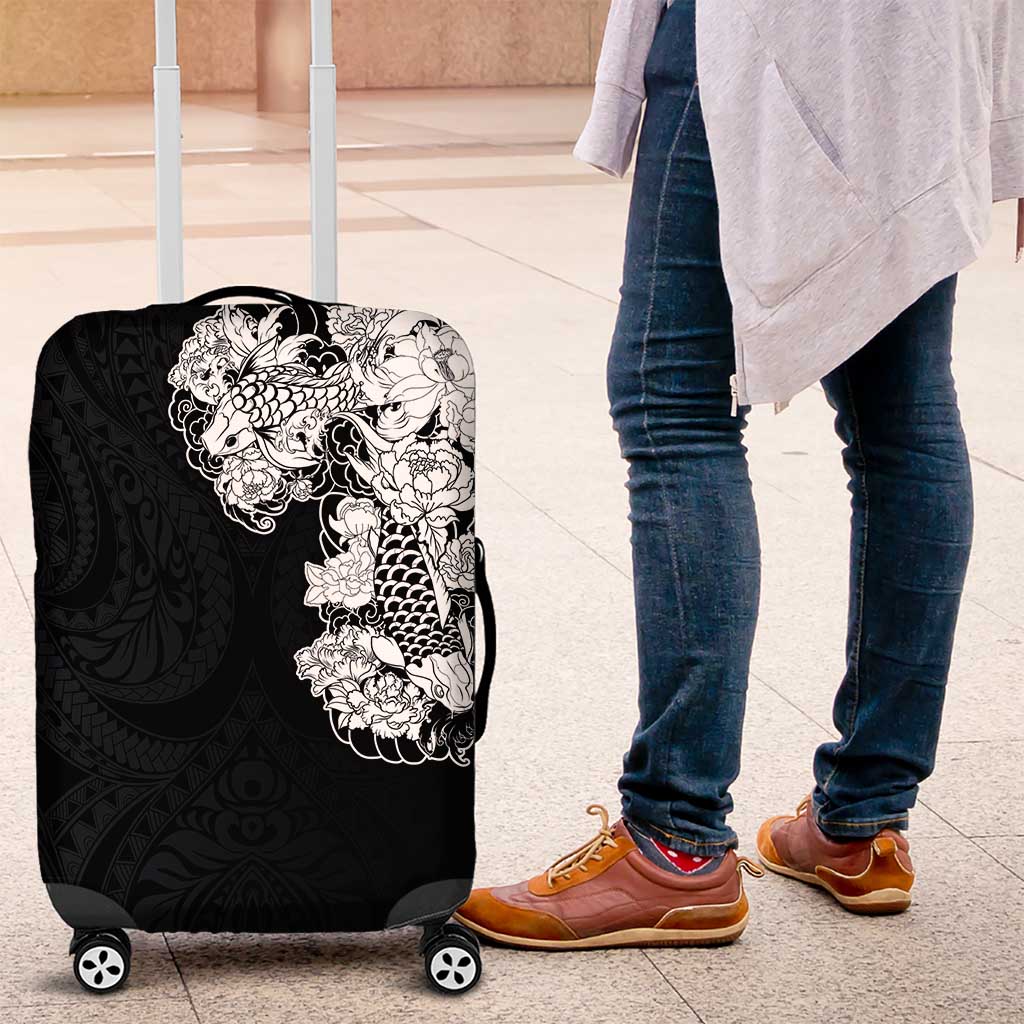 Hawaiian and Japanese Together Luggage Cover Japanese Koi Fish Tattoo and Kakau Pattern Black Color LT03 Black - Polynesian Pride