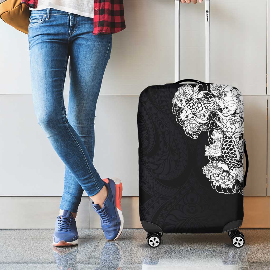 Hawaiian and Japanese Together Luggage Cover Japanese Koi Fish Tattoo and Kakau Pattern Black Color LT03 - Polynesian Pride