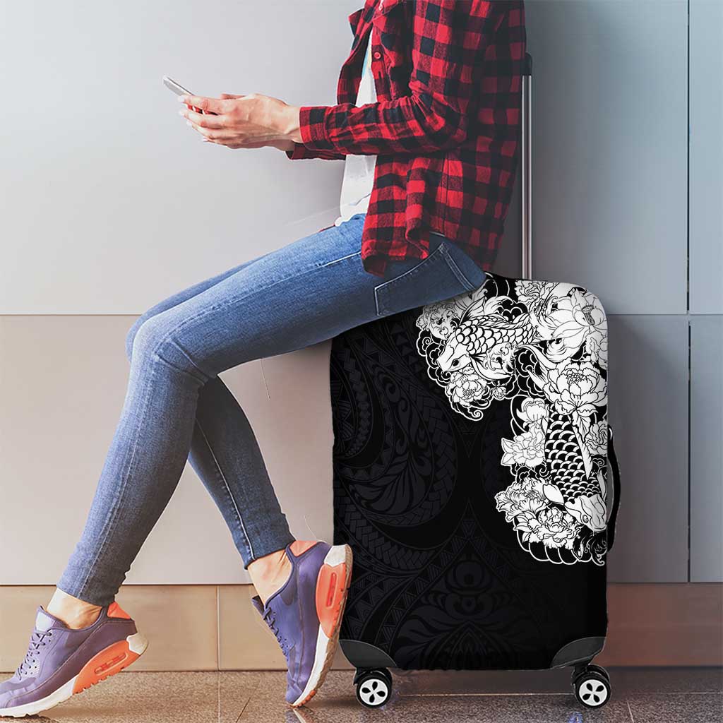 Hawaiian and Japanese Together Luggage Cover Japanese Koi Fish Tattoo and Kakau Pattern Black Color LT03 - Polynesian Pride