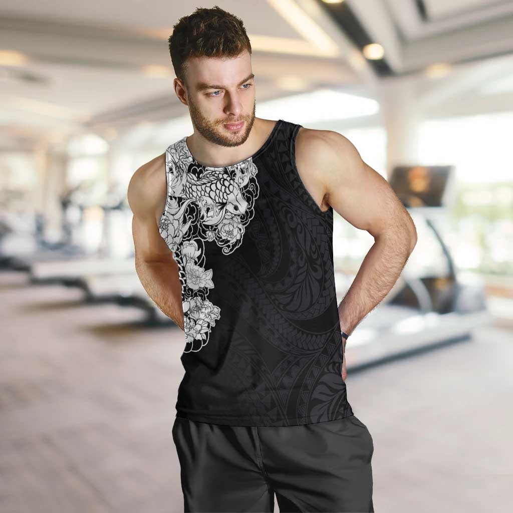 Hawaiian and Japanese Together Men Tank Top Japanese Koi Fish Tattoo and Kakau Pattern Black Color LT03 Black - Polynesian Pride
