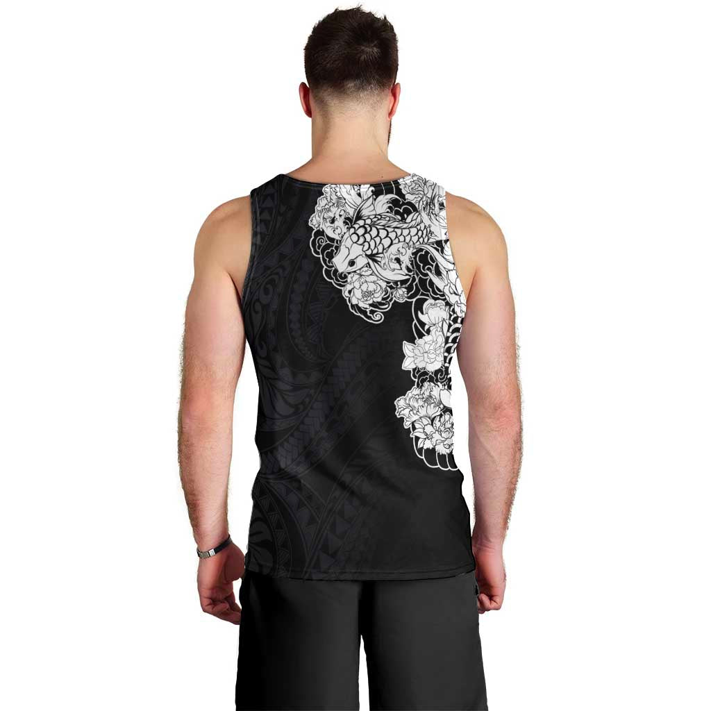Hawaiian and Japanese Together Men Tank Top Japanese Koi Fish Tattoo and Kakau Pattern Black Color LT03 - Polynesian Pride