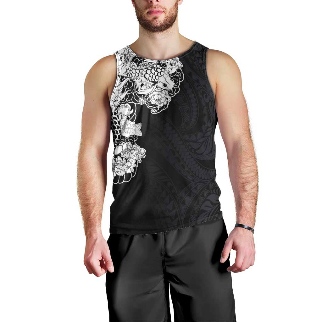 Hawaiian and Japanese Together Men Tank Top Japanese Koi Fish Tattoo and Kakau Pattern Black Color LT03 - Polynesian Pride