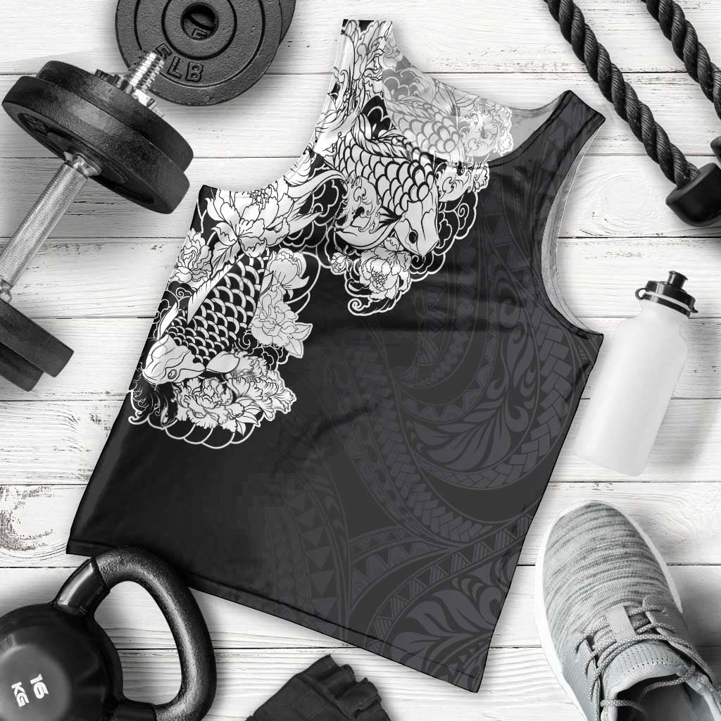 Hawaiian and Japanese Together Men Tank Top Japanese Koi Fish Tattoo and Kakau Pattern Black Color LT03 - Polynesian Pride