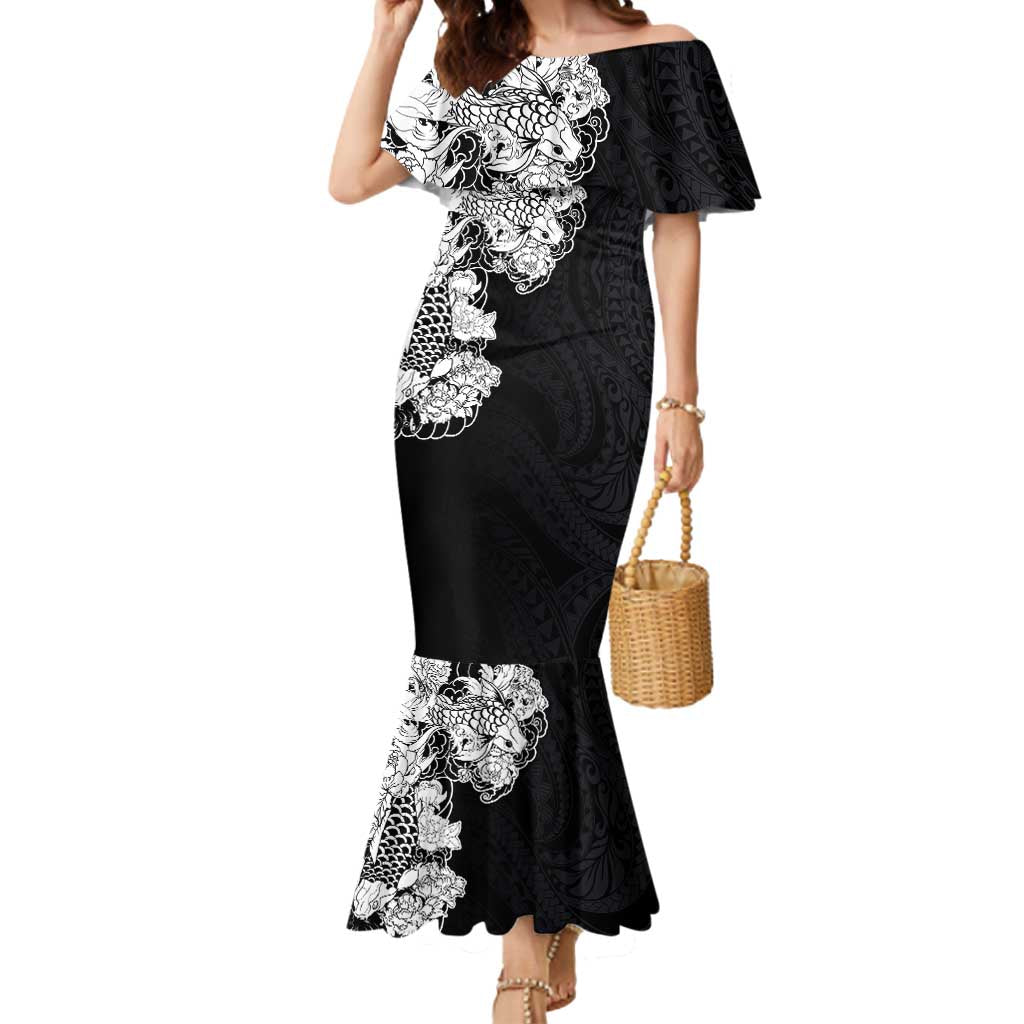 Hawaiian and Japanese Together Mermaid Dress Japanese Koi Fish Tattoo and Kakau Pattern Black Color LT03 Women Black - Polynesian Pride