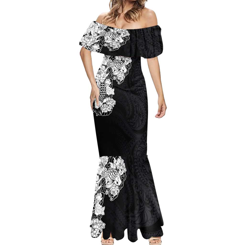 Hawaiian and Japanese Together Mermaid Dress Japanese Koi Fish Tattoo and Kakau Pattern Black Color LT03 - Polynesian Pride