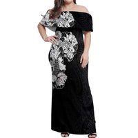 Hawaiian and Japanese Together Off Shoulder Maxi Dress Japanese Koi Fish Tattoo and Kakau Pattern Black Color LT03 Women Black - Polynesian Pride