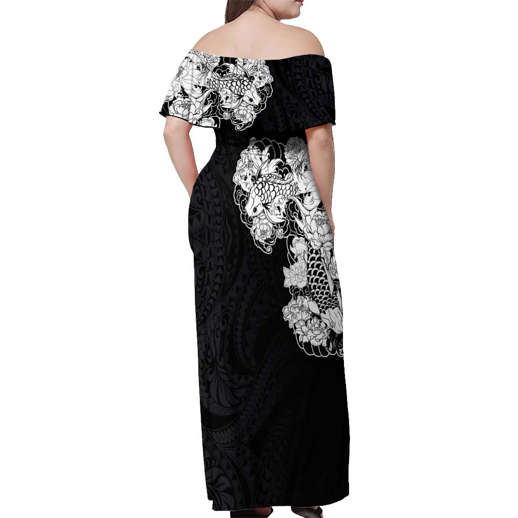 Hawaiian and Japanese Together Off Shoulder Maxi Dress Japanese Koi Fish Tattoo and Kakau Pattern Black Color LT03 - Polynesian Pride