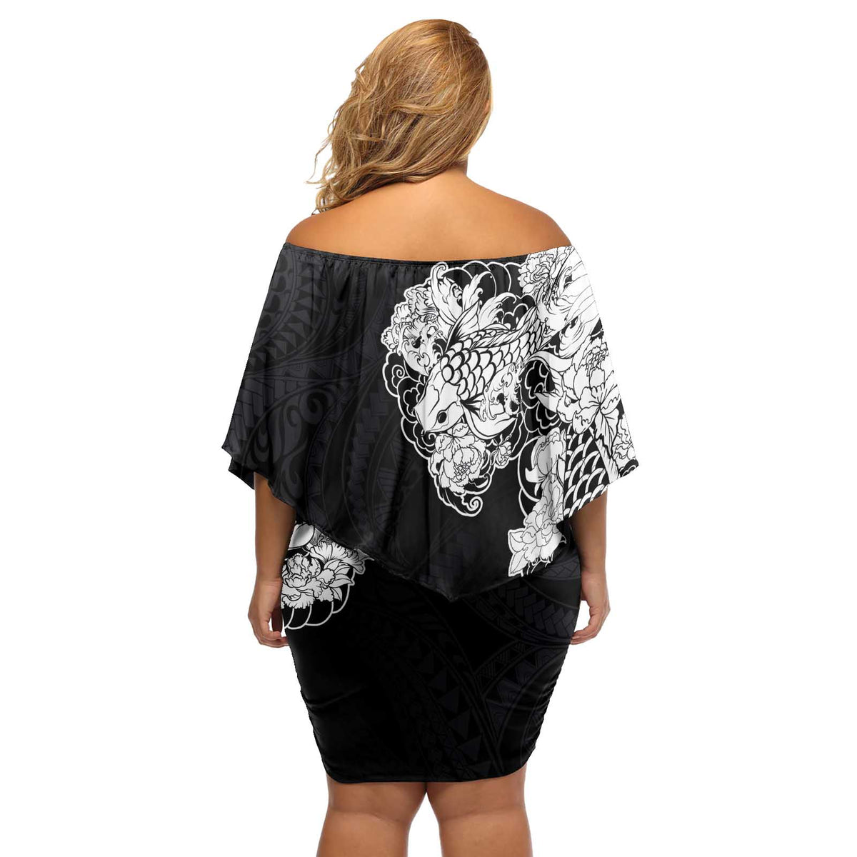 Hawaiian and Japanese Together Off Shoulder Short Dress Japanese Koi Fish Tattoo and Kakau Pattern Black Color LT03 - Polynesian Pride