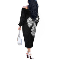 Hawaiian and Japanese Together Off The Shoulder Long Sleeve Dress Japanese Koi Fish Tattoo and Kakau Pattern Black Color LT03 - Polynesian Pride