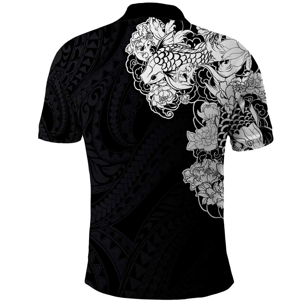 Hawaiian and Japanese Together Polo Shirt Japanese Koi Fish Tattoo and Kakau Pattern Black Color LT03 - Polynesian Pride
