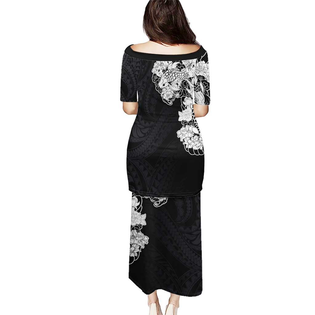 Hawaiian and Japanese Together Puletasi Japanese Koi Fish Tattoo and Kakau Pattern Black Color LT03 - Polynesian Pride
