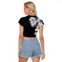 Hawaiian and Japanese Together Raglan Cropped T Shirt Japanese Koi Fish Tattoo and Kakau Pattern Black Color LT03 - Polynesian Pride