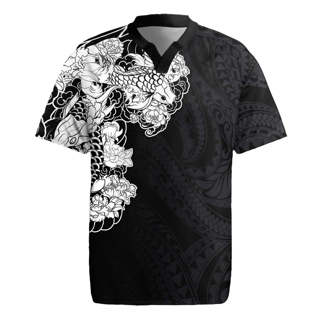 Hawaiian and Japanese Together Rugby Jersey Japanese Koi Fish Tattoo and Kakau Pattern Black Color LT03 Black - Polynesian Pride