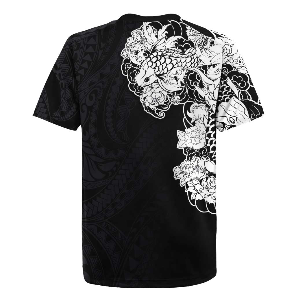 Hawaiian and Japanese Together Rugby Jersey Japanese Koi Fish Tattoo and Kakau Pattern Black Color LT03 - Polynesian Pride