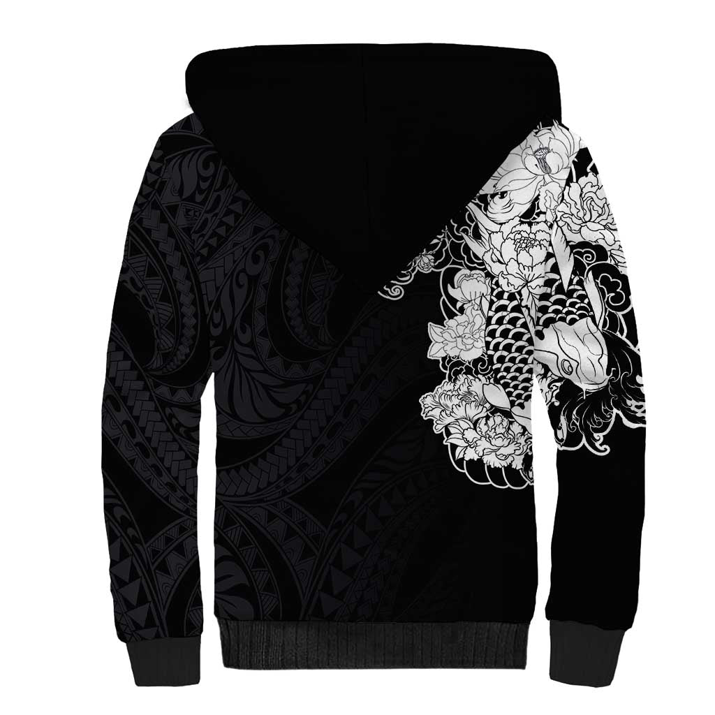 Hawaiian and Japanese Together Sherpa Hoodie Japanese Koi Fish Tattoo and Kakau Pattern Black Color LT03 - Polynesian Pride