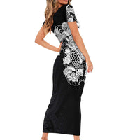 Hawaiian and Japanese Together Short Sleeve Bodycon Dress Japanese Koi Fish Tattoo and Kakau Pattern Black Color LT03 - Polynesian Pride