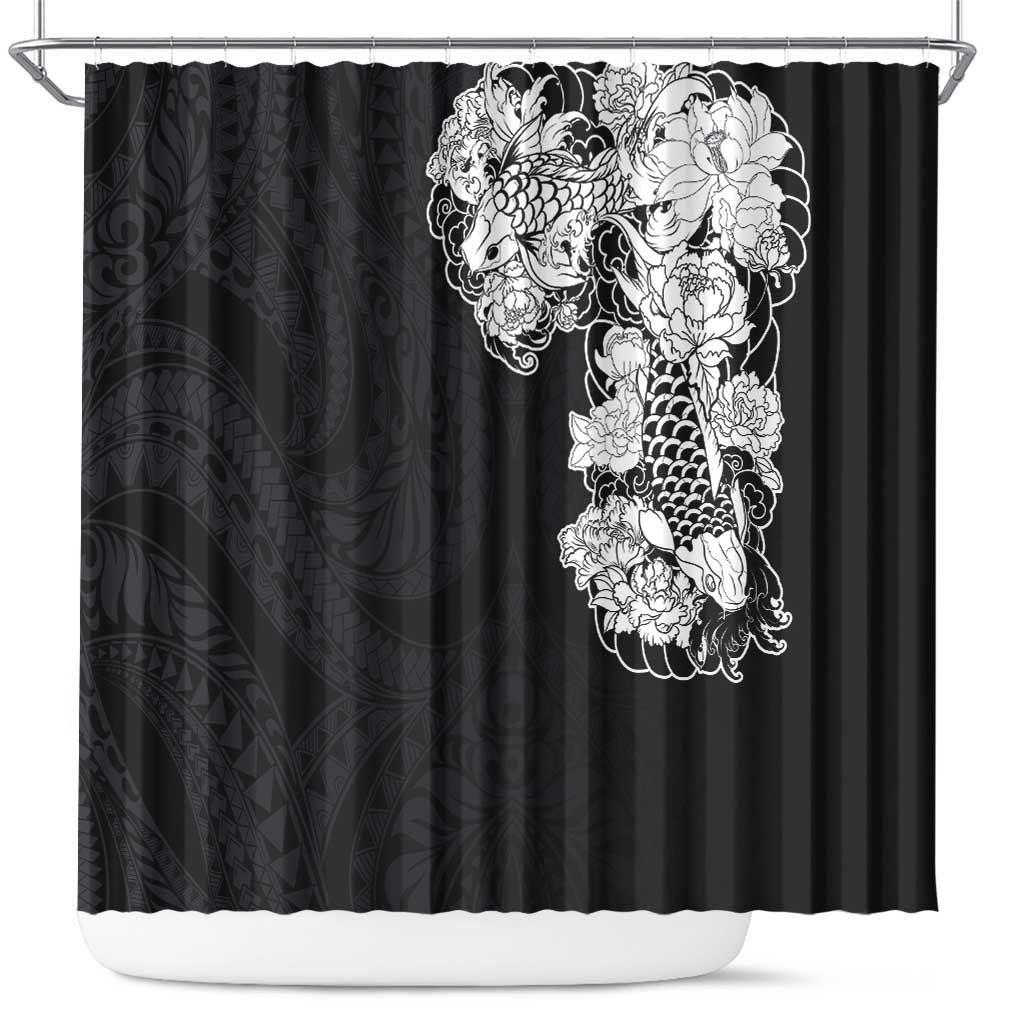 Hawaiian and Japanese Together Shower Curtain Japanese Koi Fish Tattoo and Kakau Pattern Black Color LT03 Black - Polynesian Pride