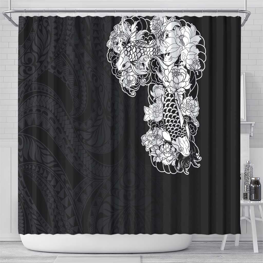 Hawaiian and Japanese Together Shower Curtain Japanese Koi Fish Tattoo and Kakau Pattern Black Color LT03 - Polynesian Pride