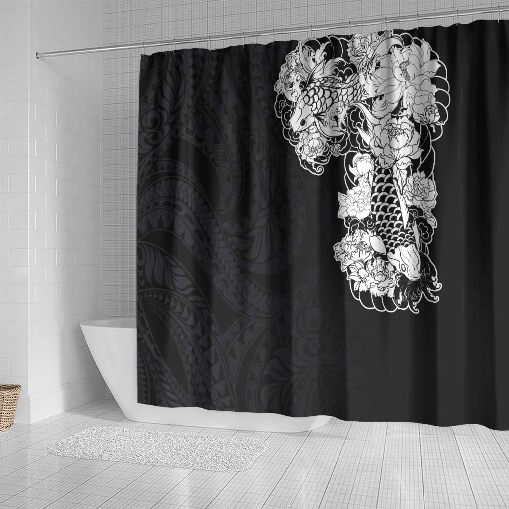 Hawaiian and Japanese Together Shower Curtain Japanese Koi Fish Tattoo and Kakau Pattern Black Color LT03 - Polynesian Pride
