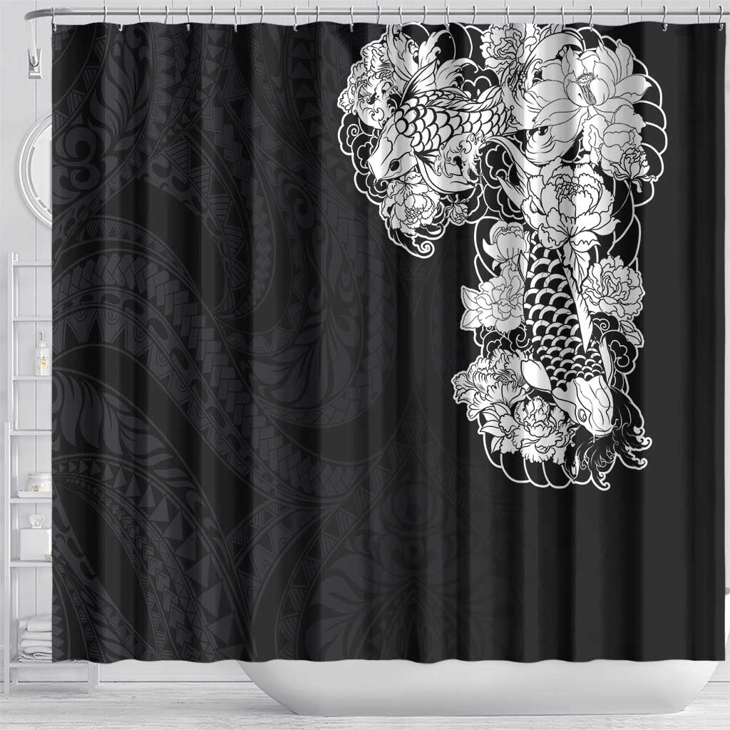 Hawaiian and Japanese Together Shower Curtain Japanese Koi Fish Tattoo and Kakau Pattern Black Color LT03 - Polynesian Pride