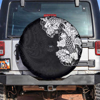 Hawaiian and Japanese Together Spare Tire Cover Japanese Koi Fish Tattoo and Kakau Pattern Black Color LT03 Black - Polynesian Pride