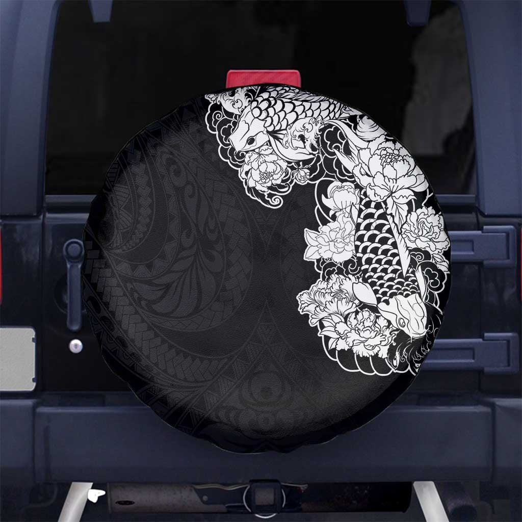 Hawaiian and Japanese Together Spare Tire Cover Japanese Koi Fish Tattoo and Kakau Pattern Black Color LT03 - Polynesian Pride