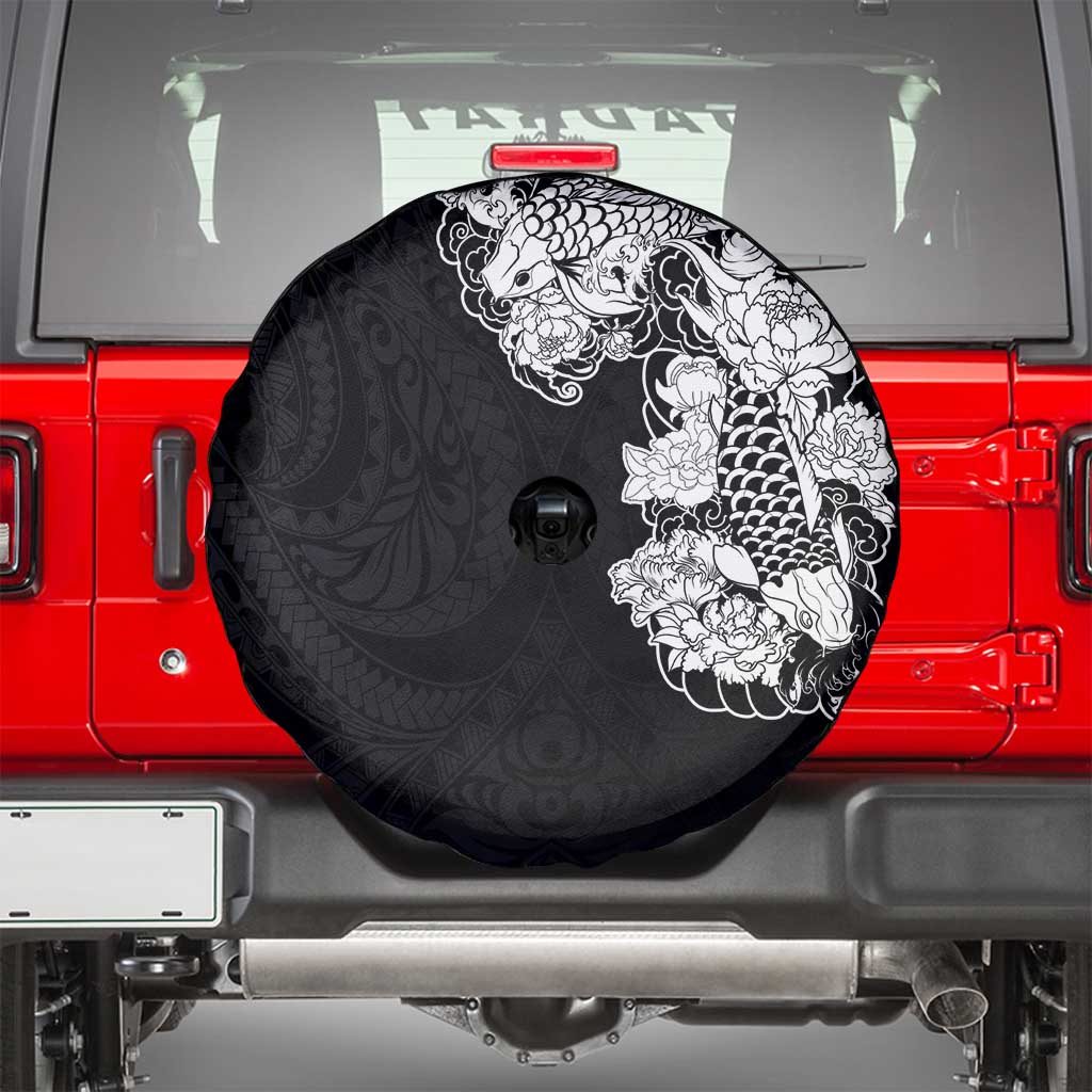 Hawaiian and Japanese Together Spare Tire Cover Japanese Koi Fish Tattoo and Kakau Pattern Black Color LT03 - Polynesian Pride