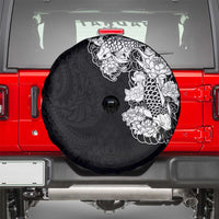 Hawaiian and Japanese Together Spare Tire Cover Japanese Koi Fish Tattoo and Kakau Pattern Black Color LT03 - Polynesian Pride